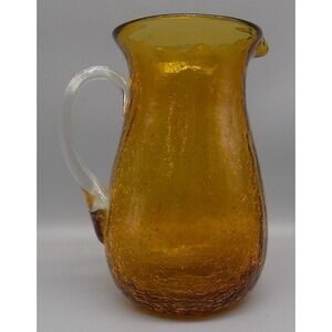 Blenko Crackle Glass Amber Pitcher Hand Blown Applied Handle Retro Vintage